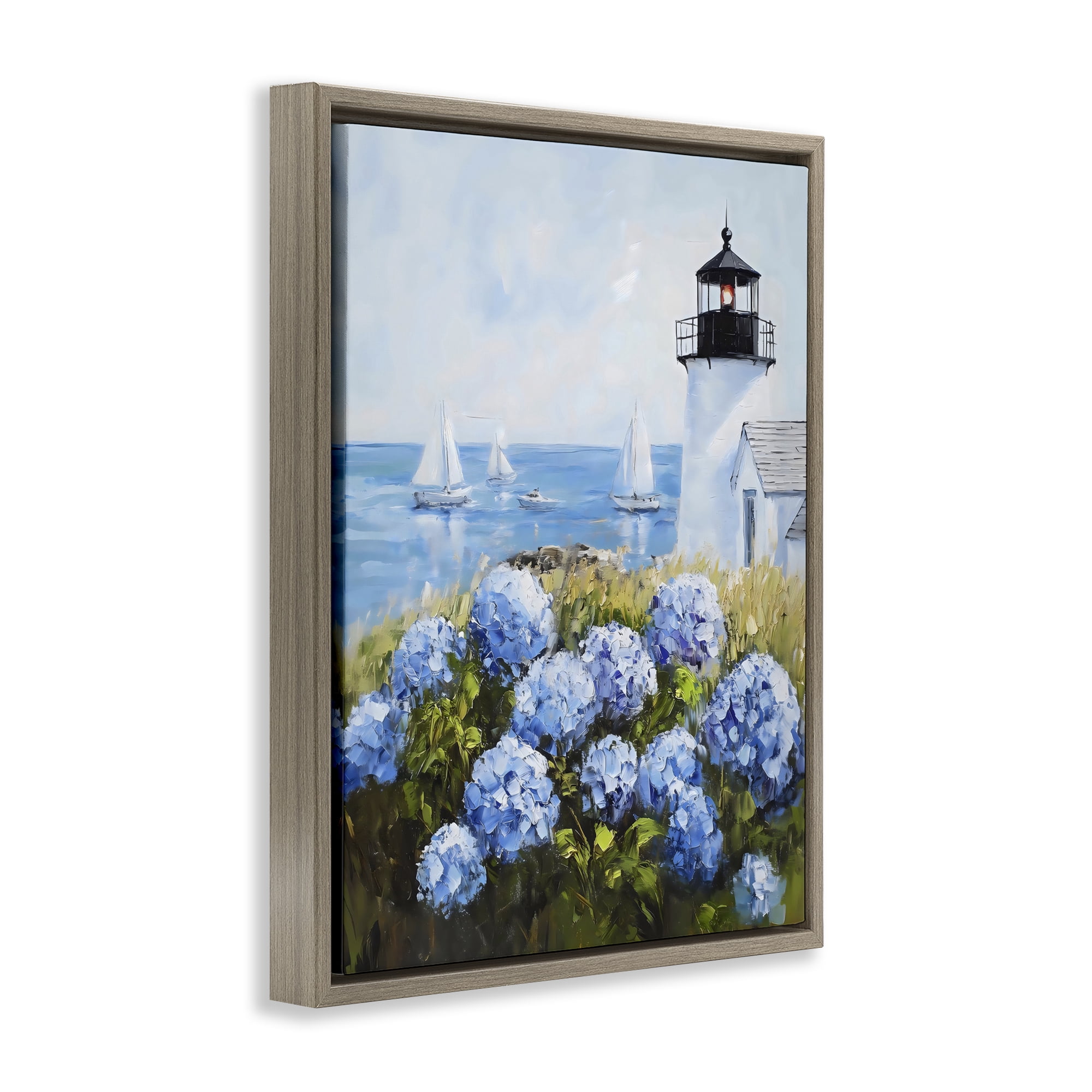 Stupell Industries Lighthouse Surrounded by Hydrangeas Brown Framed Floater Canvas Wall Art, design by Arlington Prints
