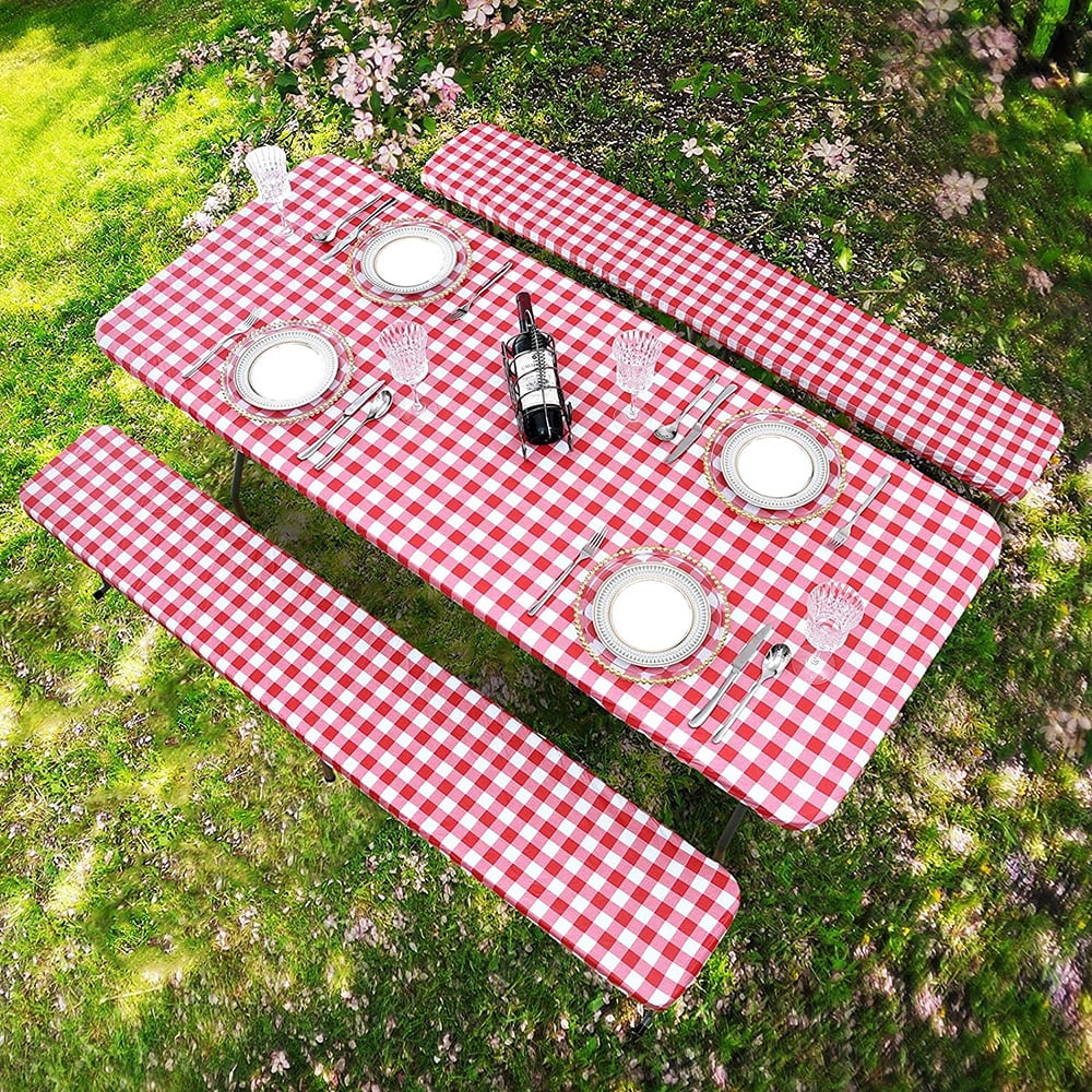 3 Piece Set Vinyl Fitted Picnic Table And Bench Seat Covers With Elastic Edges Indoor And