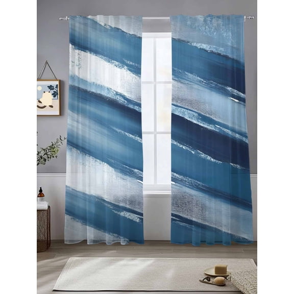 Watercolor Blue Waves Sheer Curtains 84 Inches Long 2 Panels Retro Ripple Light Filtering Semi Sheer Window Curtains Drapes for Bedroom Living Room 52"x84"
