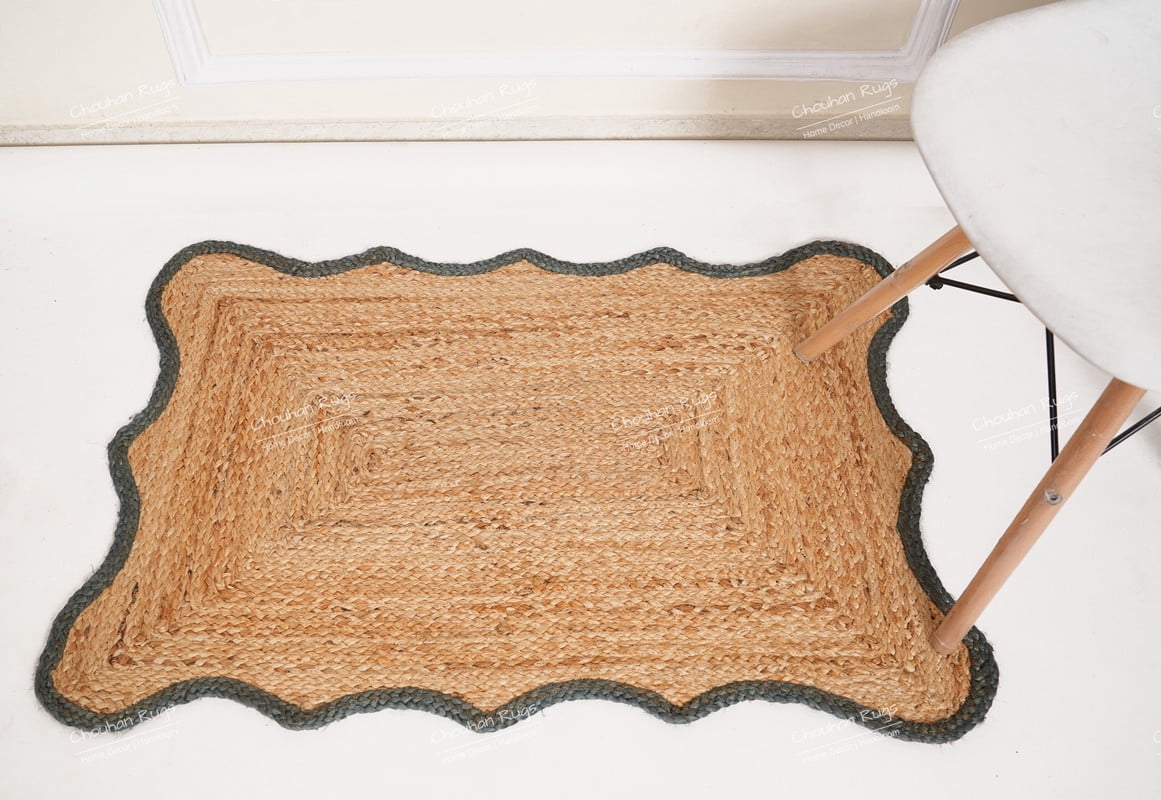 Rectangle Rug Natural Jute Rug Hand Braided Beige and Gray Color Area Rug