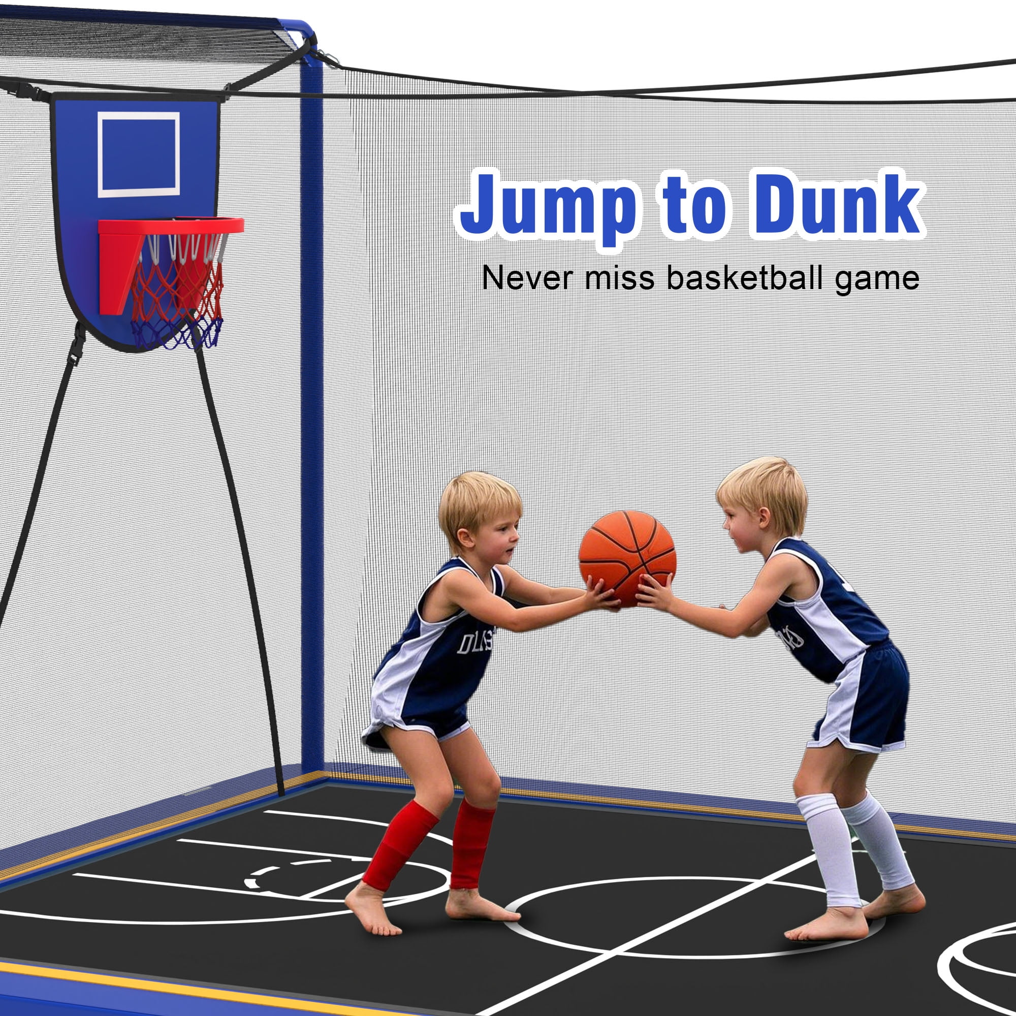 8x12FT Outdoor Trampoline for Kids, 3-IN-1 Rectangle Trampoline with Basketball Hoop, Soccer Target, Adults Trampoline Max Weight 2200LBS, Shoe Bag, Basketball, Soccer