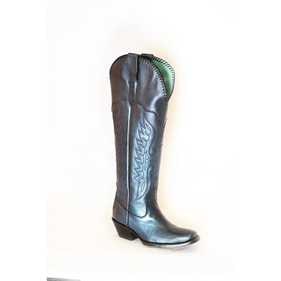 Women's Leather Smoke Grey Metallic Mid-Calf Boots