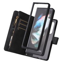 Dteck Samsung Galaxy Z Fold 3 5G Wallet Case with Removable Adjustable Crossbody Necklace Lanyard Shoulder Strap Wristlet Strap, 9 Card Slots with Zipper Pocket PU Leather Case, Black