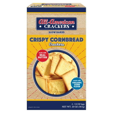 All-American Crackers Crispy Cornbread Crackers - Slow Baked with Real Butter and Organic Corn Flour - Made in the USA - 20 oz Box (Contains 4 - 5 oz Bags)