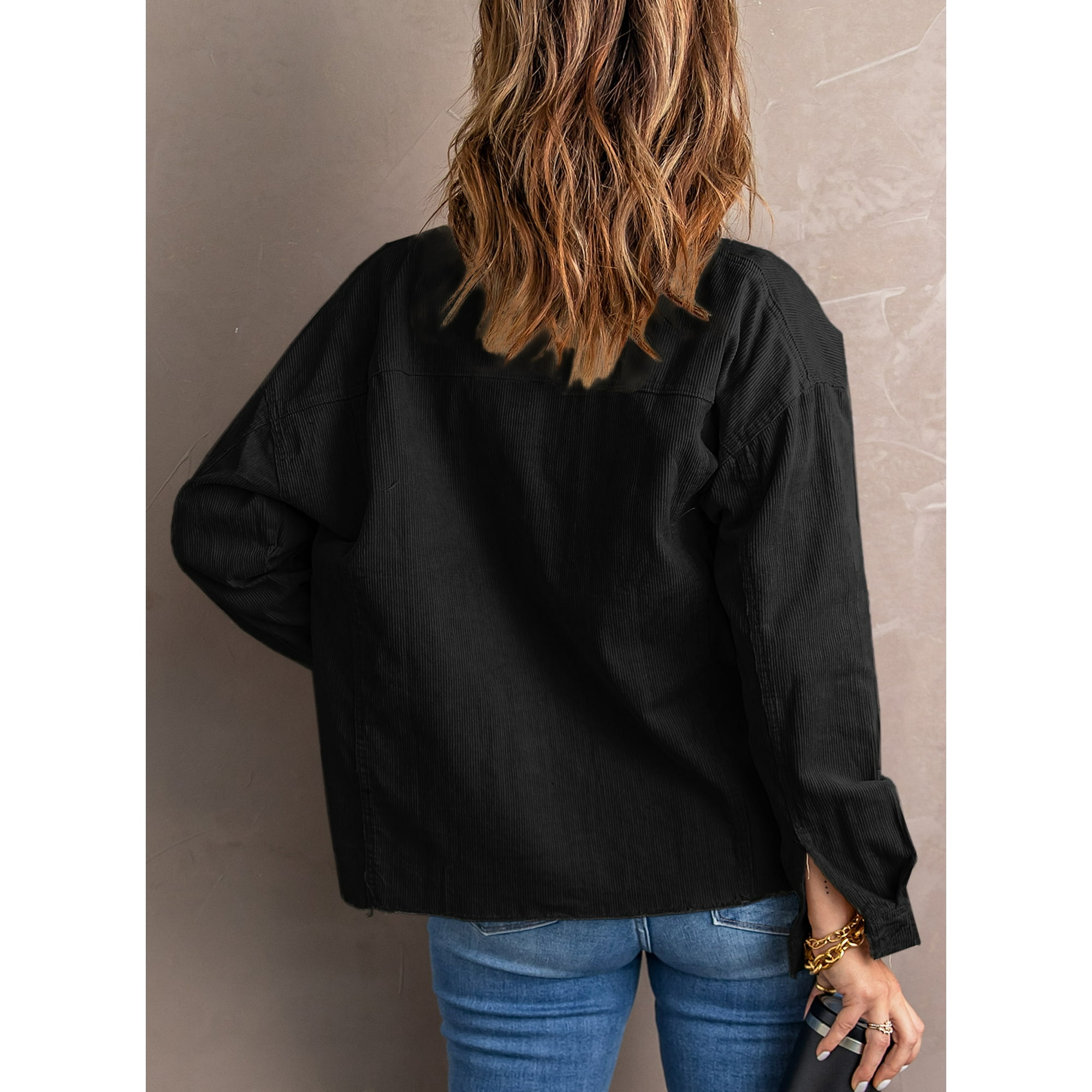 Pkqwtm Women s Black Corduroy Pocket Buttoned Jacket L