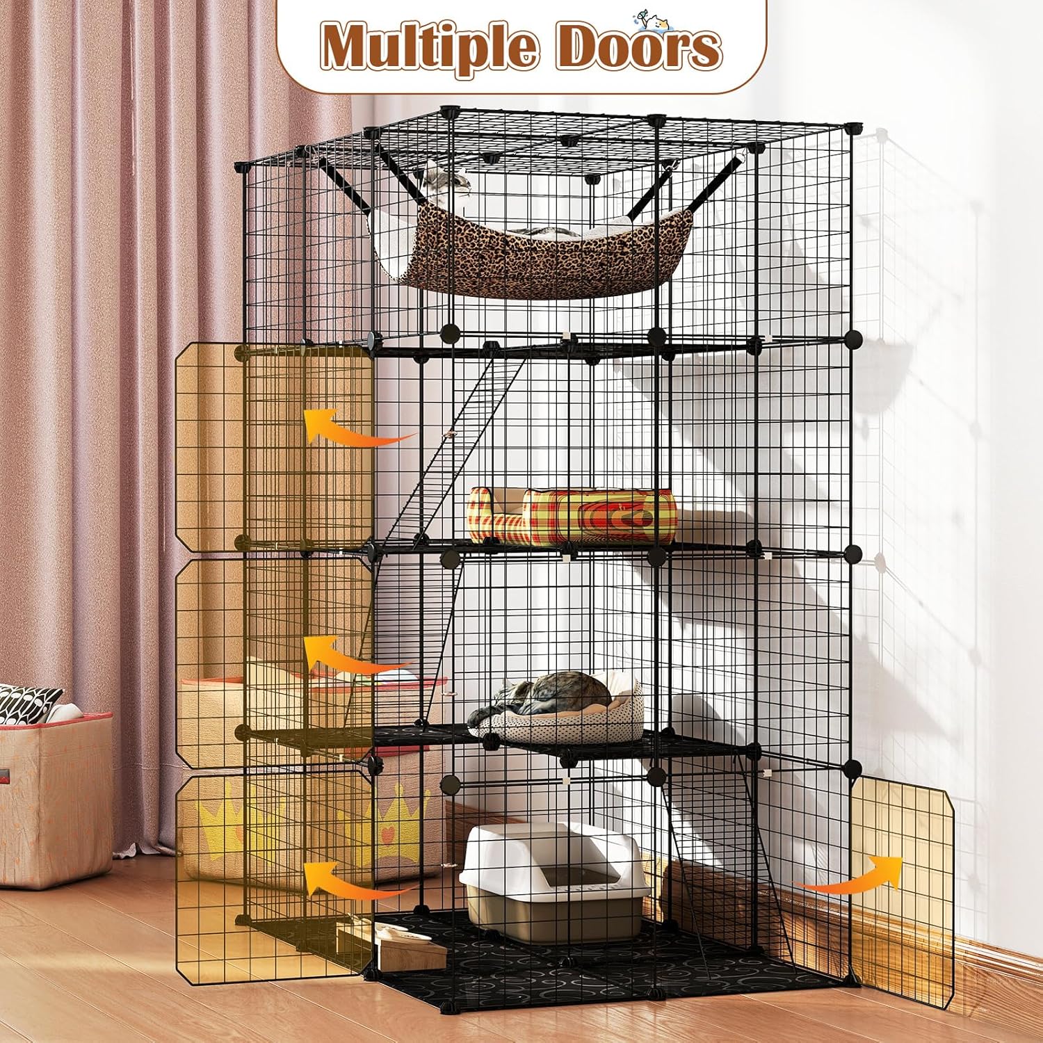 Cat Cages Indoor, 56" Large 4-Tier Cat Enclosure with Skylight, Hammock, 3 Ladders, Detachable Metal Wire Kennel with 4 Lockable Doors, DIY Cat Crate & Pet Playpen Catio for 1-4 Cats