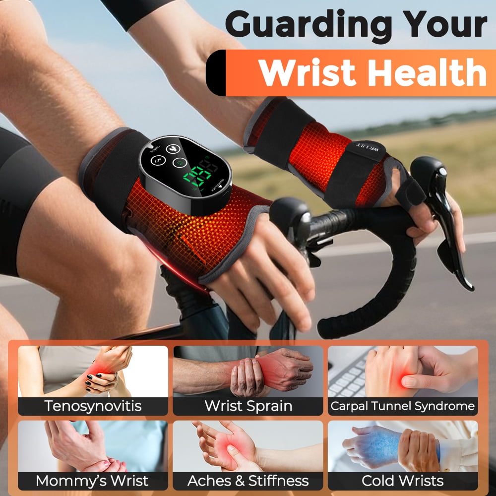 FlareMore Cordless Heated Wrist Brace with Vibration, Rechargeable Wrist Heating Pad Wrap, 3 Heat Levels, Adjustable Support with Thumb, for Work, Workout & Daily Use