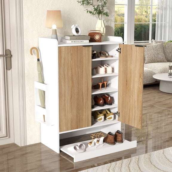 JOIVI Shoe Storage Cabinet with Sliding Drawer, Shoe Organizer Cabinet with 4 Removable Shelves, Freestanding Hidden Shoe Organizer for Entryway Hallway, Natural