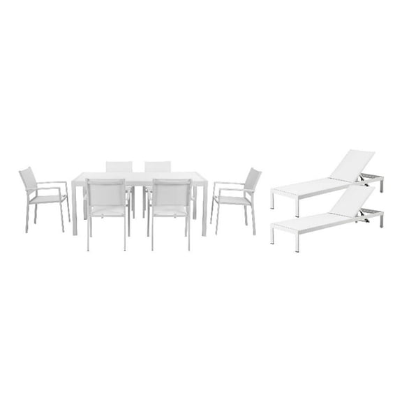 Pemberly Row 9 Piece Aluminum Patio Dining and Lounge Set in White Textilene