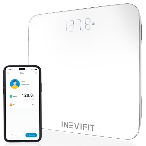 Báscula de baño inteligente INEVIFIT, báscula digital de baño con Bluetooth de alta precisión, mide el peso y el IMC con precisión para un número ilimitado de usuarios (S-Blanco)