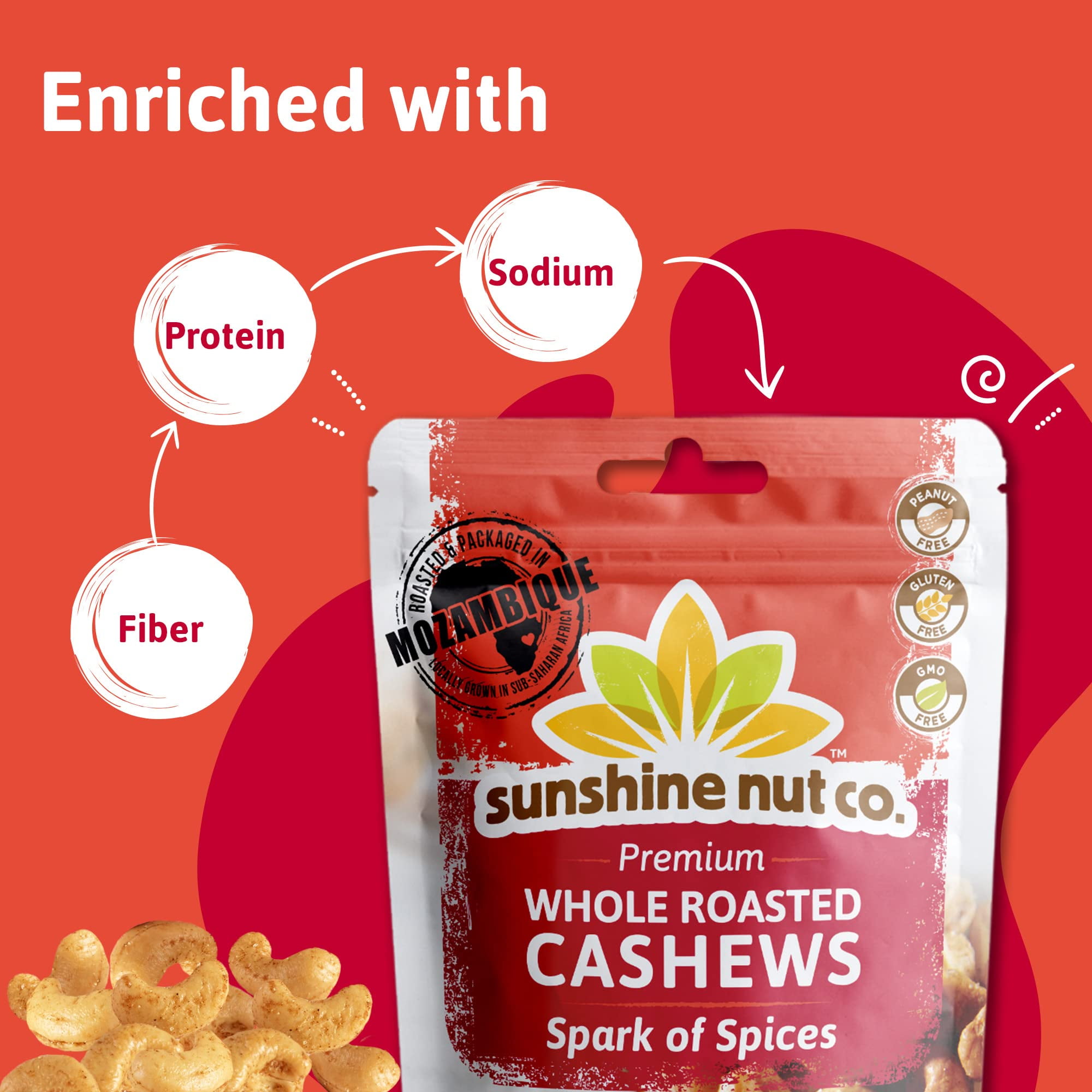 Whole Roasted Lightly Salted Cashews by Sunshine Nut Co., Gluten Free, Peanut Free and Vegan Individual Snack Packs for Kids and Adults, Spark of Spices Flavor, GMO Free, 6 Pack, 7 oz. Each