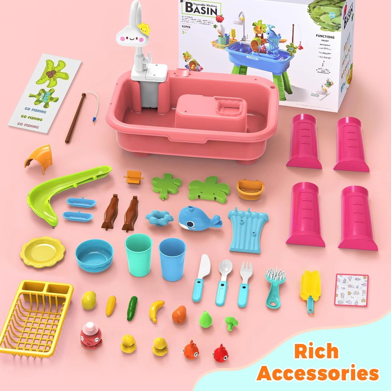 Water Play Table with Circulating Water Shower, Fishing Accessories & Interactive Play Features for Indoor Outdoor Use(21.26"L x 11.42"W x 20.87"H,Pink)