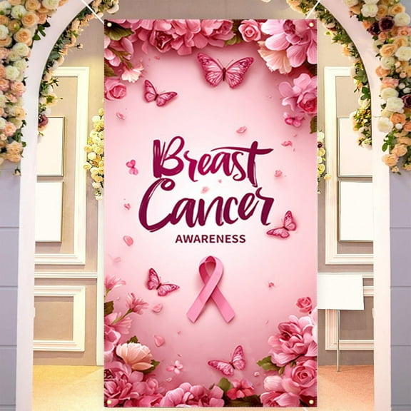 Ribbon Awareness Door Cover Decor, Polyester Breast Cancer Support Banner for Events & Offices, Inspirational Health Cause(Pink)