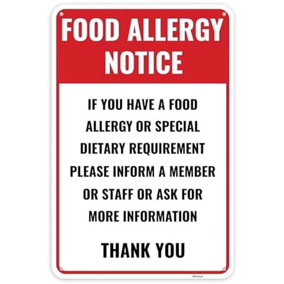 1PC Food Allergy Sign, 12 x 8 Inches - Aluminum - Food Allergen Sign For Restaurant