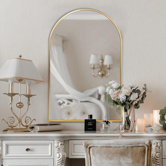 KOSSMAI Arch Wall Mirror with Metal Frame 24"X36" For Bathroom, Dining Room, Living Room, Entry Gold