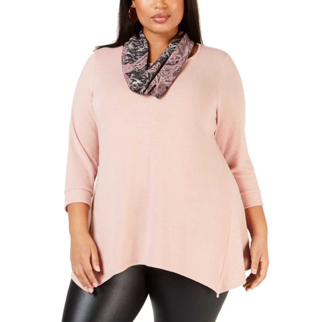 Ny Collection Women’s Plus Size Handkerchief-Hem Top & Printed Scarfs, Pastel Pink, 2X Plus