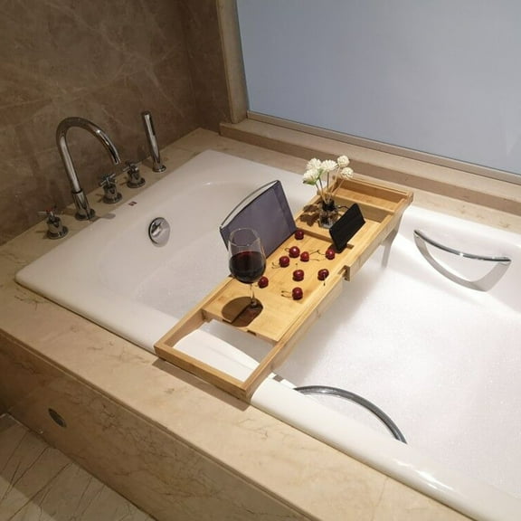 YIYIBYUS Bamboo Bathtub Tray Expandable Bath Tub Tray Table Bathroom Caddy Organizer Bathtub Tray with Wine Glass Holder & Soap Storage Box