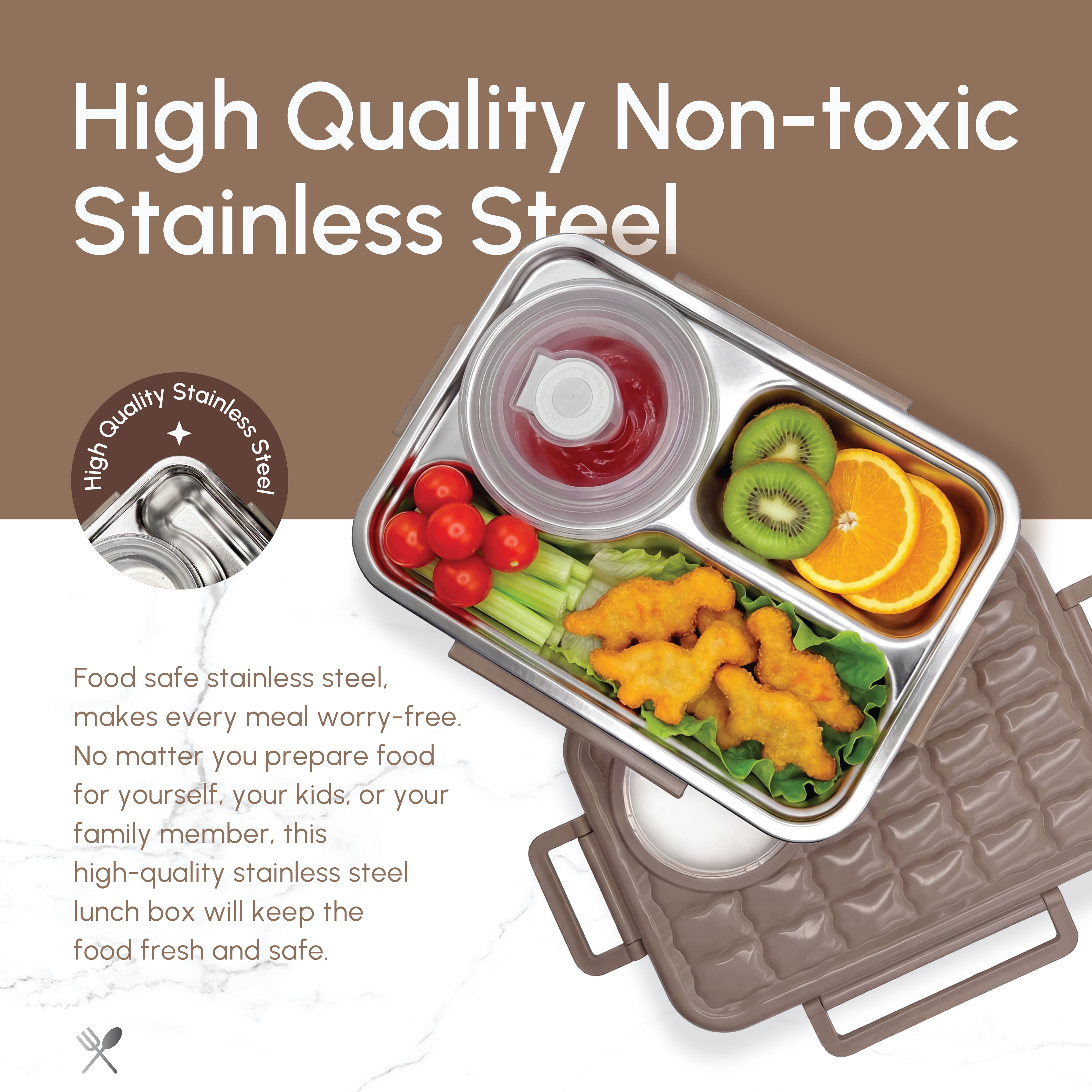 Just Cook Microwave Safe Stainless Steel Bento Box with Sauce Jar, 1050 ml (Mocha Mousse)