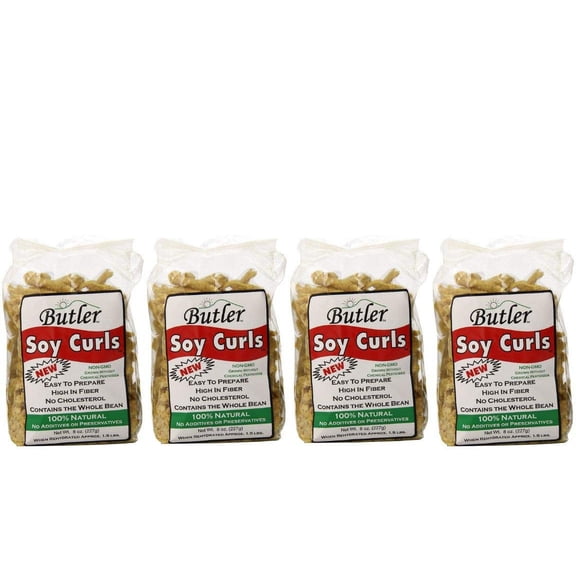 Butler Foods Soy Curls, 8 Ounce Bags (Pack of 4) – All-Natural Plant-Based Protein, Vegan Meat Substitute Made from Whole Non-GMO Soybeans – Perfect for Stir-Fries, Soups, Salads