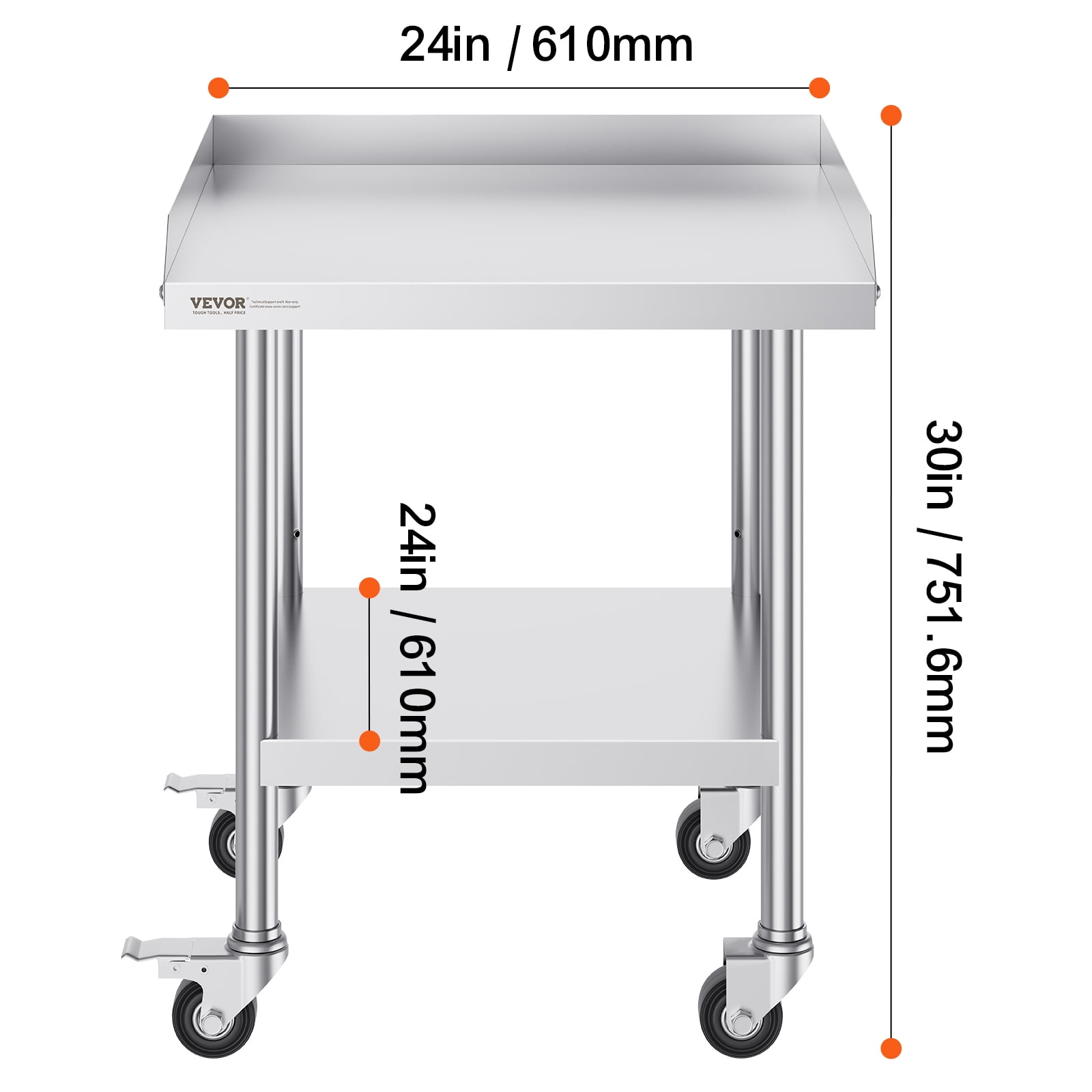 VEVOR Stainless Steel Work Table, 24 x 24 x 30 Inch Commercial Food Prep Worktable with 4 Wheels, Casters, 3-Sided Backsplash Heavy Duty Prep Worktable, Metal Work Table for Restaurant Home Hotel
