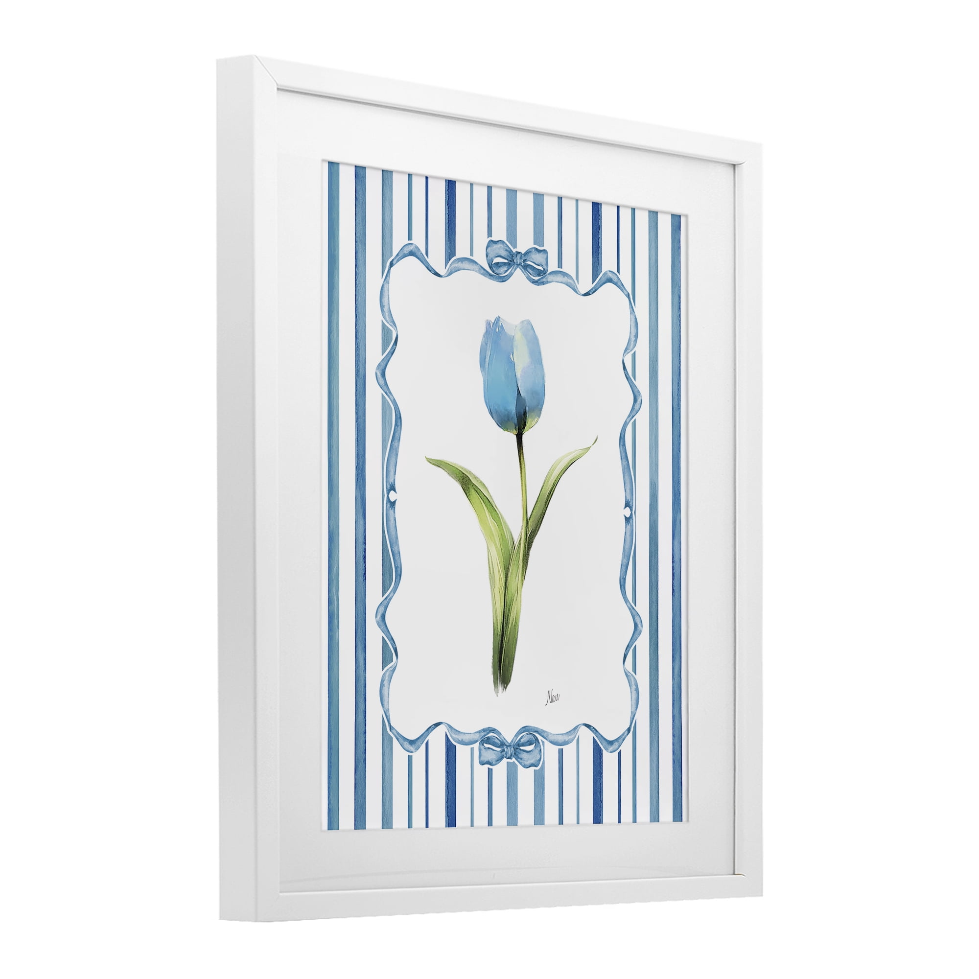 Stupell Industries Single Blue Tulip Stripes White Framed Print Under Glass, design by Nan