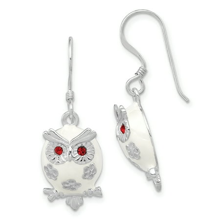 Sterling Silver Rhodium Plated Enamel Red Cz Owl Dangle Earrings Sterling Silver Rhodium Plated Enamel Red Cz Owl Dangle Earrings