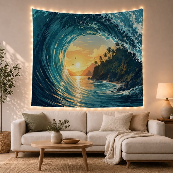 Curling Ocean Wave Around Tropical Sunset with Palm Trees, Serene Coastal for Beach Lovers, Dramatic Nature Wall Art, Housewarming Gift Tapestry Wall Hanging for Bedroom and Living Room