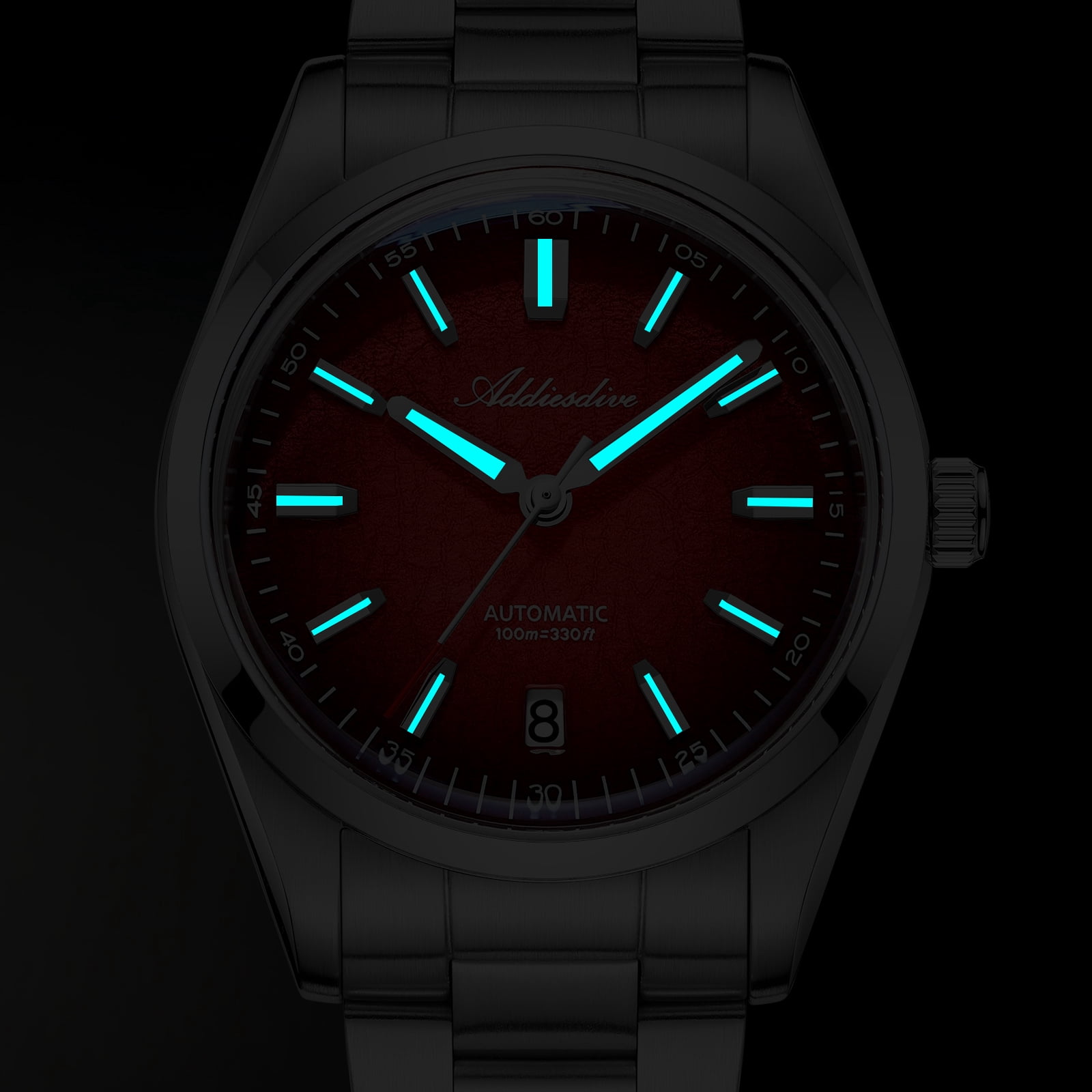 ADDIESDIVE Men's Automatic Stainless Steel Watch, Japanese Movement, 100m Waterproof Dive Watch  3D Crack Red Dial, BGW9 Luminous