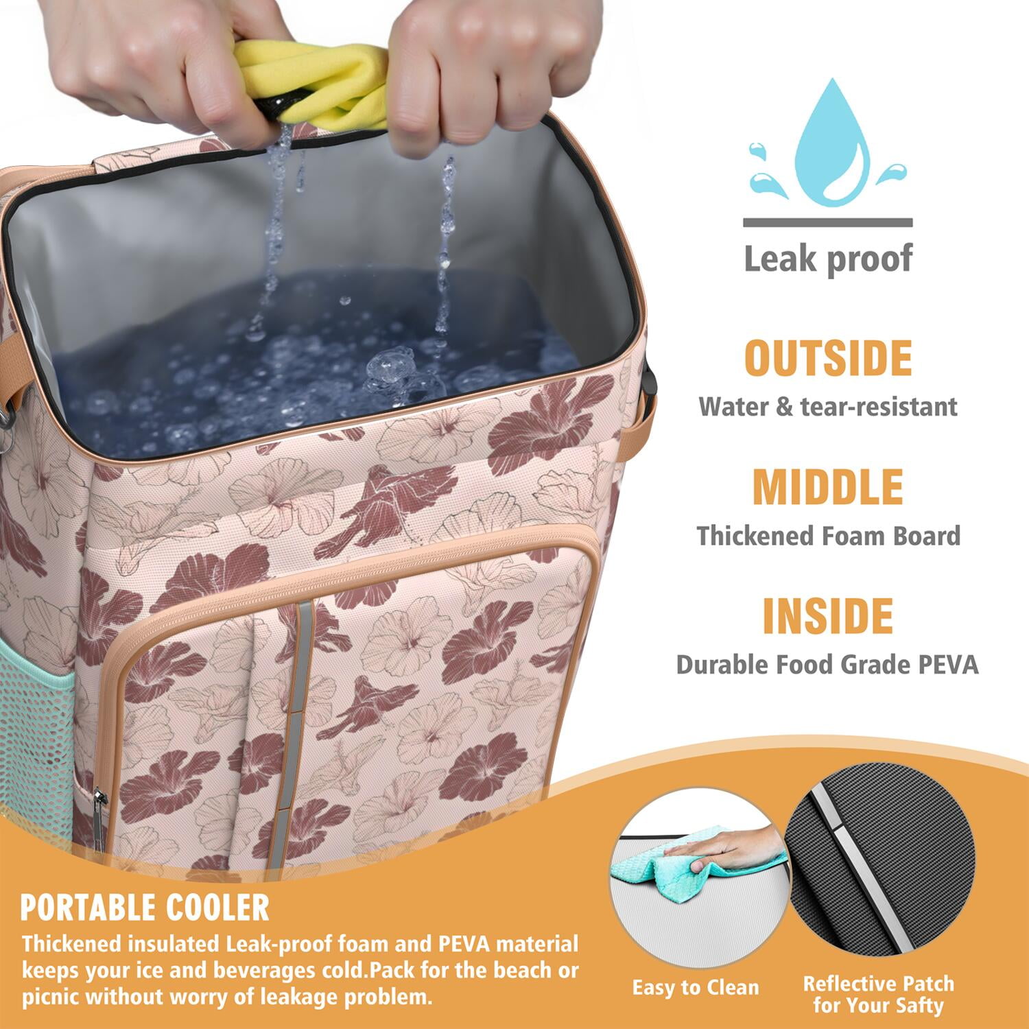 Travel Cooler Bag - Pioneer Flower Floral Print Pattern Camping Beer Cooler Backpack with Bottle Opener- Waterproof Insulated Picnic Backpacks - Cooler Bag for Beach