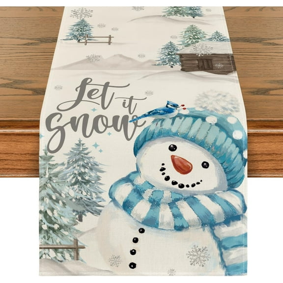 mubwai Xmas Trees Let It Snow Blue Snowman Christmas Table Runner, Seasonal Winter Holiday Kitchen Dining Table Decoration for Home Party Decor 13x72 Inch