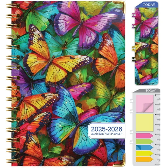 Academic Planner 2025-2026, Daily Weekly Monthly Yearly Planner, June 2025 - July 2026, 14 months, 5.5"x8", Hardcover, Bookmark, Pocket Folder and Sticky Note Set (Colorful Butterflies)
