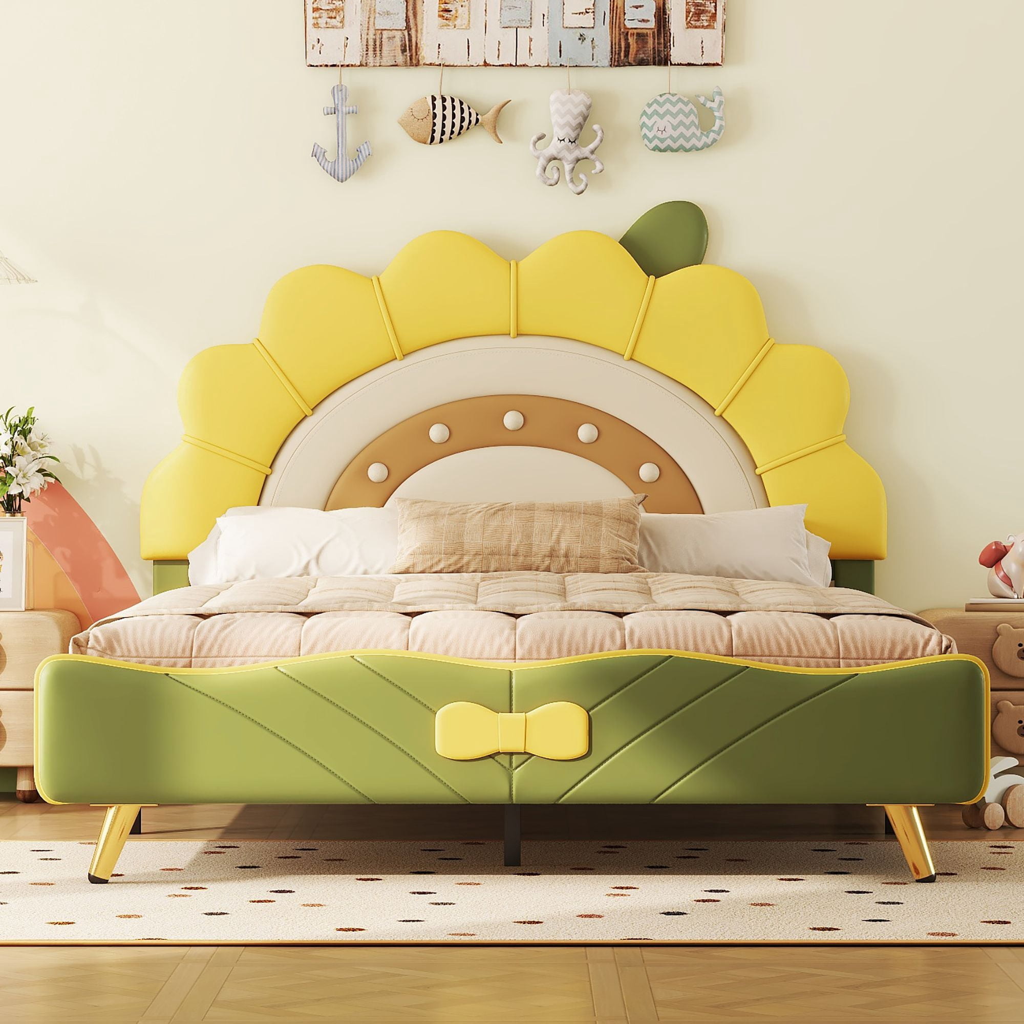Aukfa Full Upholstered Bed Frame, Cartoon Bed with Sunflower Shape Headboard for Kids, Green