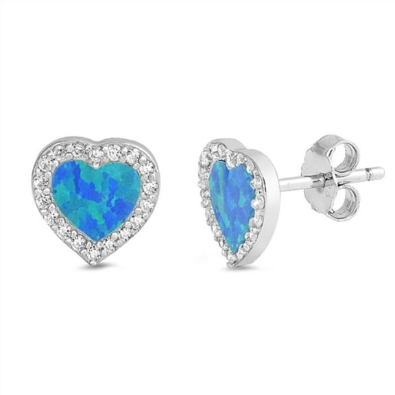Halo Set Blue Synthetic Opal Clear CZ Heart Earring Sterling Silver
