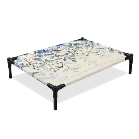 Blue Green Elevated Dog Bed Flowers Eucalyptus Leaves Vintage Farmhouse Cooling Breathable Outdoor Raised Dog Cot Bed with Metal Frame Non-Slip Feet for Medium Dog 24x20in