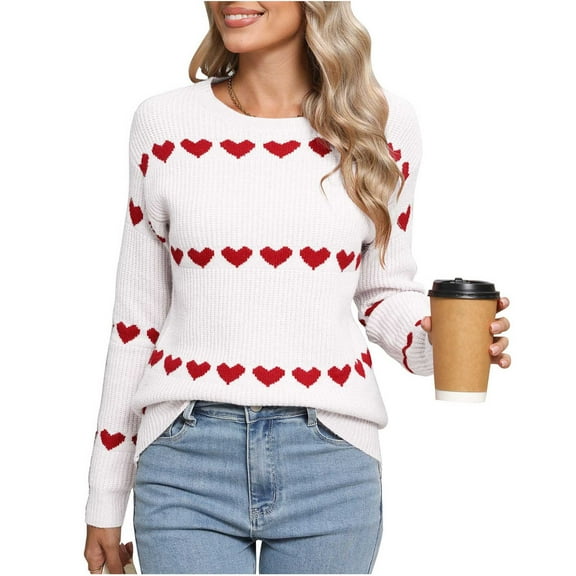 SYMOID Womens White Heart Print Sweater - 100% Polyester Long Sleeve Crew Neck, Cozy Relaxed Fit for Fall Winter & Valentine’s Day,Size S