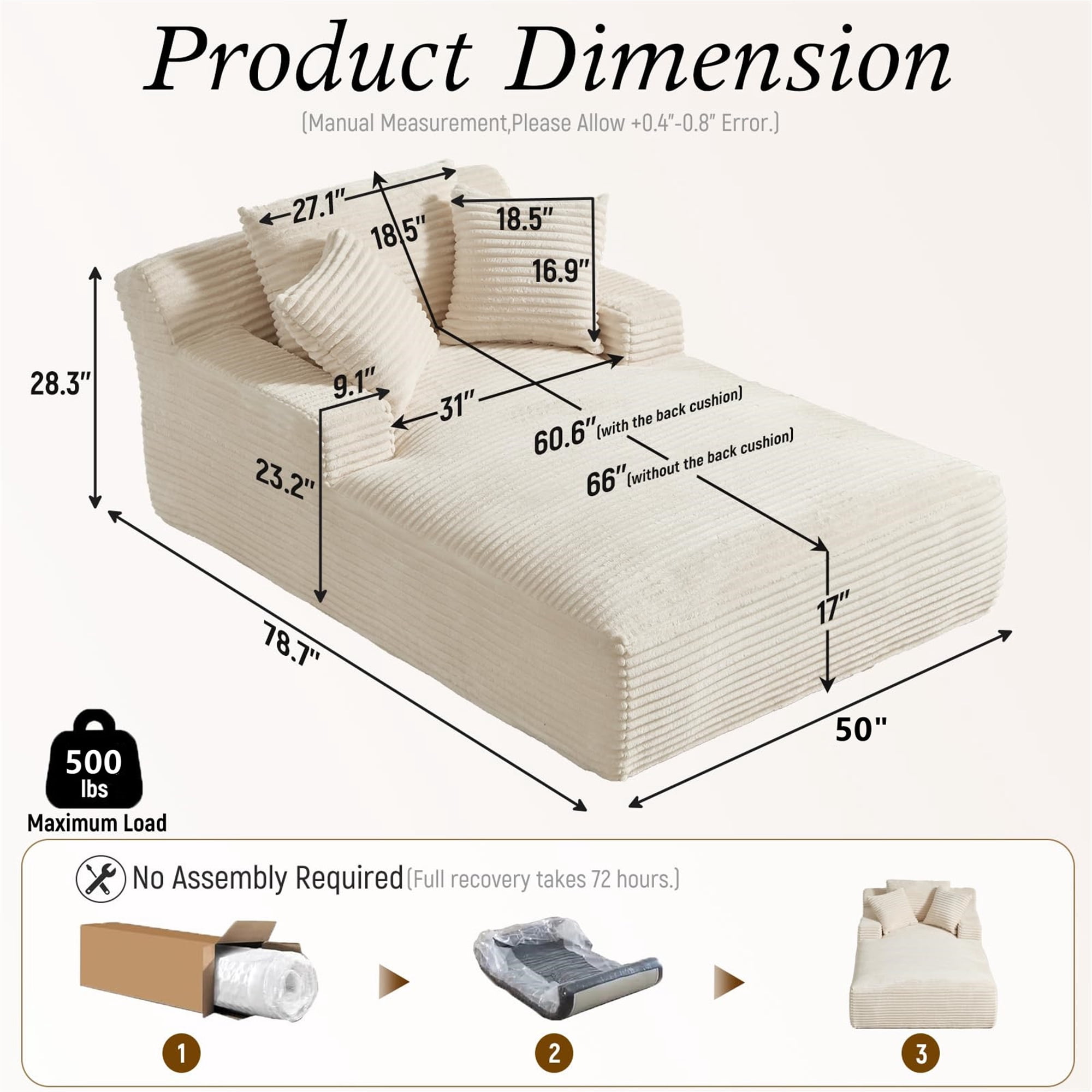Aukfa 79" Extra Long Chaise Lounge Oversized Indoor Chair Boneless Couch for Living Room, 3Pillows, White
