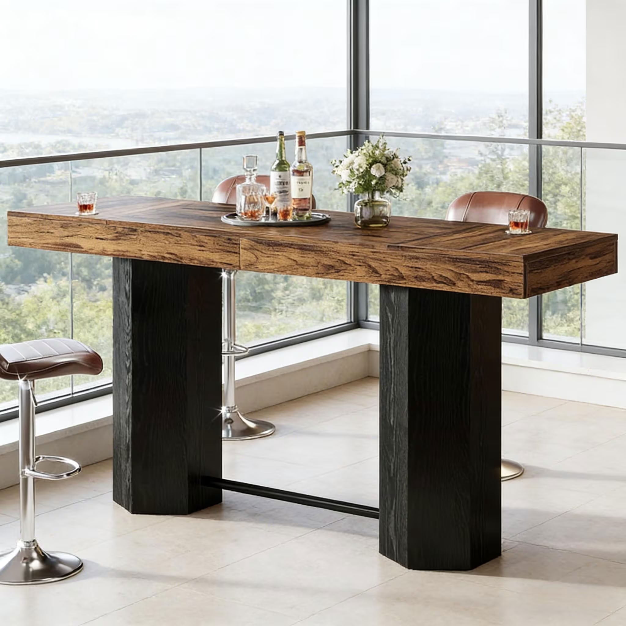 MAYEERTY 71" Industrial Bar Table, Counter Height Bistro Pub Table with Footrest, Home Bar Unit for Kitchen, Dining Room, and Living Room