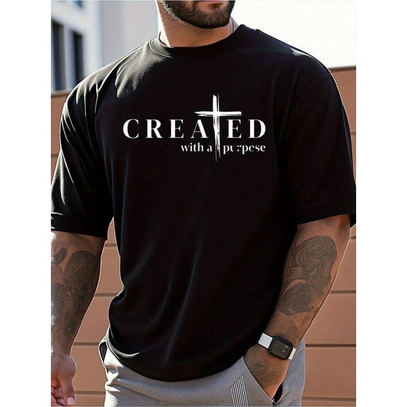 Men's Big & Tall Oversized Christian Graphic T-Shirt - 100% Cotton Faith-Inspired "Created With A Purpose" Cross & Lettering Design, Lightweight Breathable Casual Round Neck Short Sleeve Tee For Chur