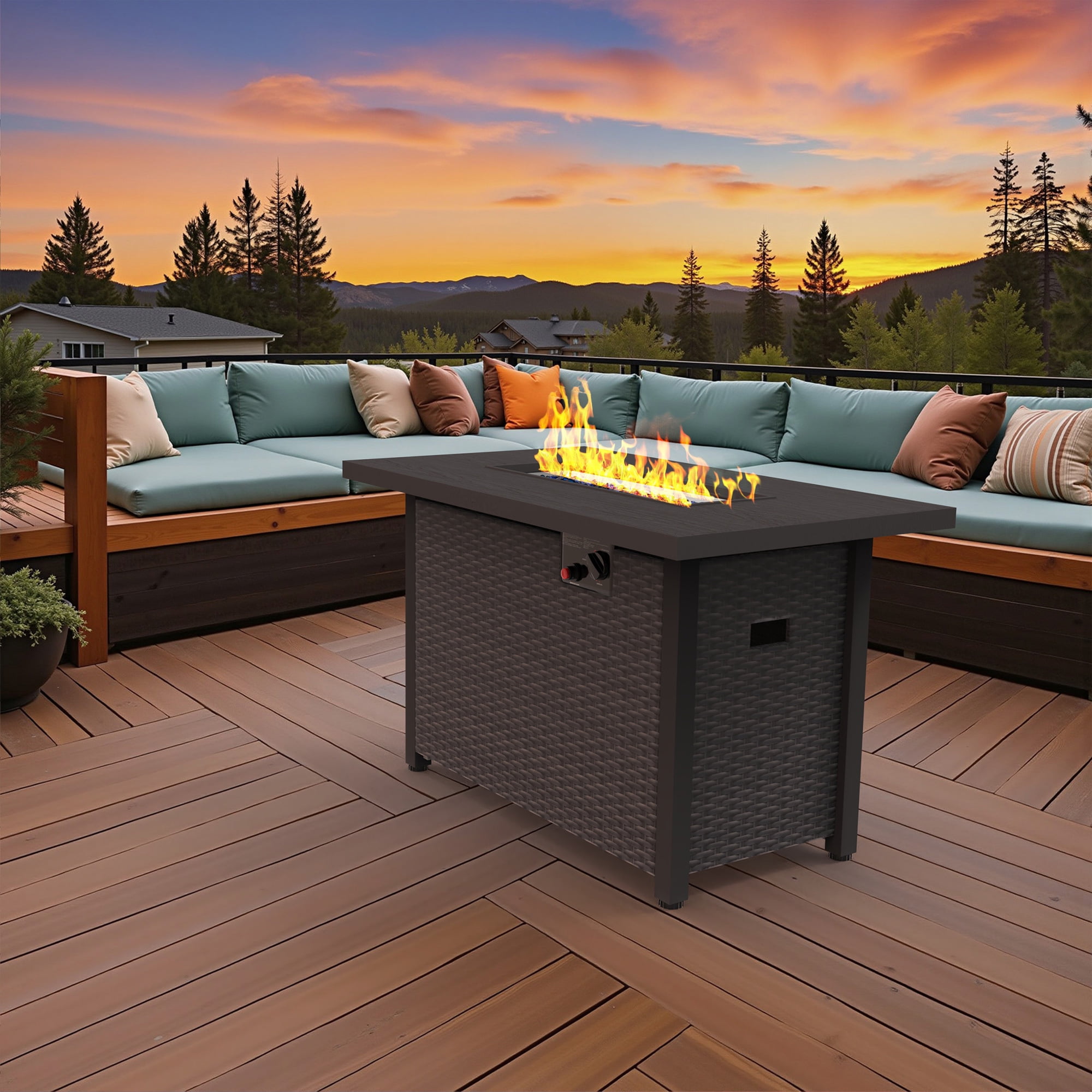 42" Propane Fire Pit, 50,000 BTU Auto-Ignition Gas Fire Pit Table, Outdoor Fire Tables with Lid and Glass Stone for Outside, Garden, Backyard