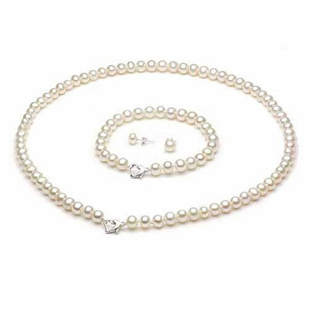 6-7mm White Freshwater Pearl Heart-Shape Sterling Silver Necklace (18), Bracelet (7) Set with Bonus Pearl Stud Earrings
