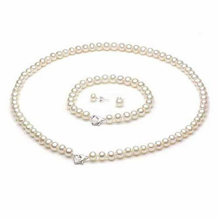 6-7mm White Freshwater Pearl Heart-Shape Sterling Silver Necklace (18"), Bracelet (7") Set with Bonus Pearl Stud Earrings