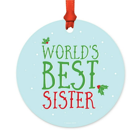 Metal Christmas Ornament, World's Best Sister, Holiday Mistletoe, Includes Ribbon and Gift