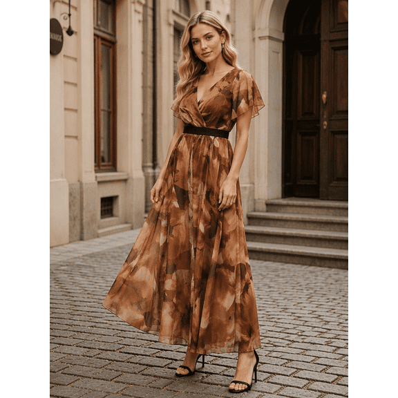 Tbfashion Plus Size Women V Neck Maxi Dress Short Sleeve Flowy Hem Dresses L-5XL