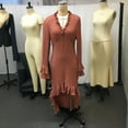 thumbnail image 2 of ZEHJUHAN Women's Long Sleeve Dress with Deep V-Neck Solid Color Asymmetrical Ruffled Hem for Spring Summer Vacation Brown，S, 2 of 4