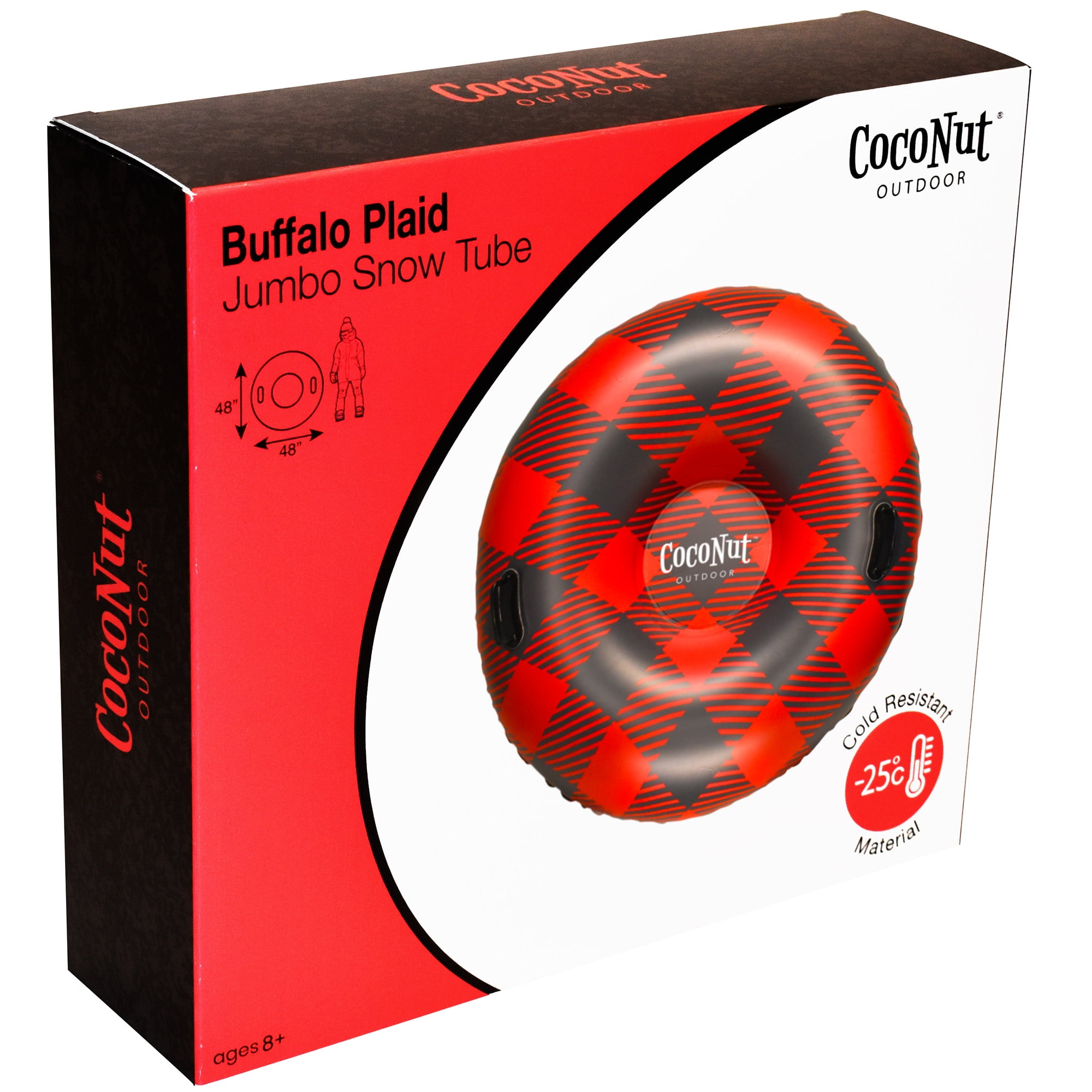 CocoNut Outdoor: Buffalo Plaid - 48" Jumbo Snow Tube - Red & Black Inflatable Ring, Cold Resistant PVC, Winter Sled, 200lb Cap, Kids-Teens-Adults 8+