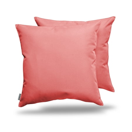 Pack of 2 Outdoor Decorative Throw Pillows 18 x 18 inch Solid Coral Square Pillows (18  x 18  Solid  Coral) Brighten up your porch or patio furniture with your favorite color on the Alexandra s Secret Home Collection Outdoor Decorative Throw Pillow Pack of 2 UV Resistant Water Proof Patio Pillows. These durable water resistant decorative throw pillow shams are ideal for everything from porch swings to chaise lounges. This set of two toss pillow covers features spun polyester covers with matching hidden zipper  easy to remove  clean  and maintain. Have your family guests sit comfortably outside or in with these lively vibrant color pillows.