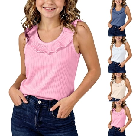 Swuxness Girls Sleeveless Tank Tops Solid Color Round Neck Soft Breathable Summer Casual Blouse
