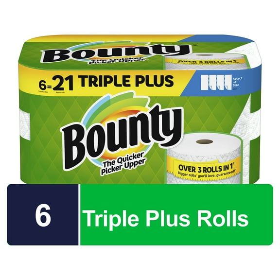 Bounty Select-A-Size Paper Towels, 6 Triple Plus Rolls, White, 158 Sheets Per Roll