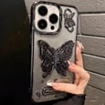thumbnail image 5 of Butterfly Phone Case Compatible with iPhone 15 Pro, Luxury Glitter Cute 3D Hollow Clear Black Electroplate Butterfly Phone Cover with Hold Stand, 5 of 11