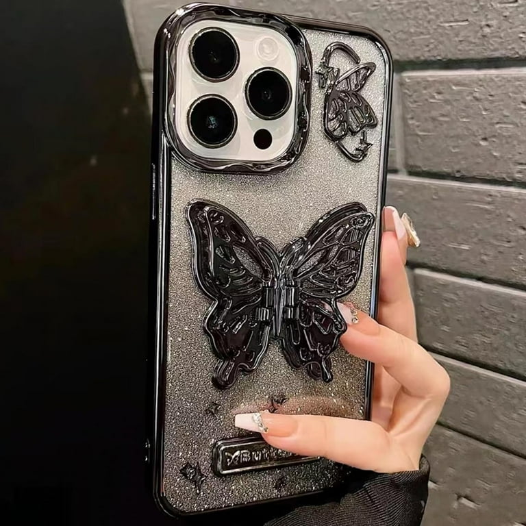 Custodia iPhone 15 Pelle Blu Farfalla - Cover Portafoglio con Supporto
